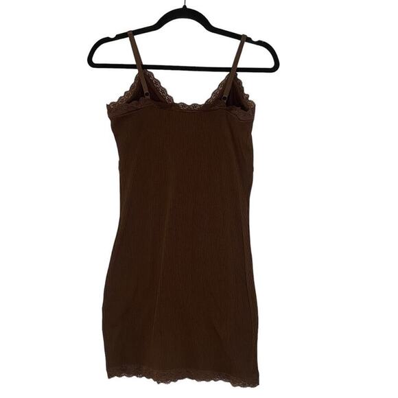 H&M Brown Ribbed Stretch Bodycon Lace Mini Dress Adjustable Y2K Size M Divided - Picture 5 of 5